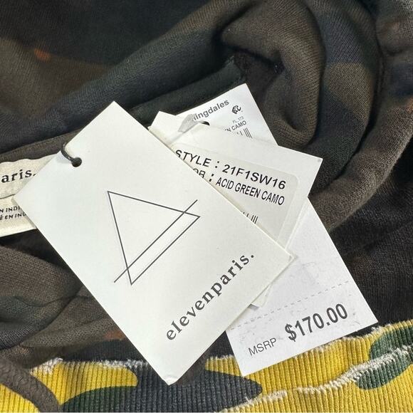 Eleven Paris Men's Acid Green Camo Distressed Hoodie Sweatshirt Size M $170 - Picture 10 of 12